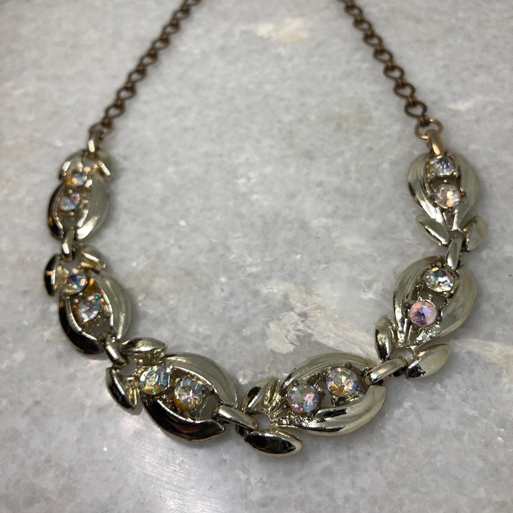 AB Rhinestone Gold Tone Choker Tulips Chain Glam Costume Aurora Borealis 16”